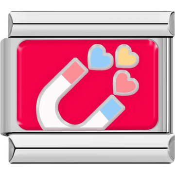 Magnet attracting colorful hearts in blue, yellow, and pink on a bright red background